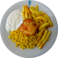 Süß scharfe Ofen-Hähnchenbrust (18,81) mit Chili-Mais (19), Joghurt-Kräuter-Dip (19) und Pommes frites Süß scharfe Ofen-Hähnchenbrust (18,81) mit Chili-Mais (19), Joghurt-Kräuter-Dip (19) und Pommes frites