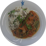 Kleine Portion: Thai Chili mit schwarzen Bohnen, Sonnenblumenhack, Tomate und Koriander dazu Wildreismischung