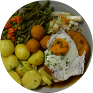 Jägerschnitzel hausgemacht mit Setzei (2,3,8,15,21,22,51,81) an Bratensoße (81) und Mischgemüse dazu Petersilienkartoffeln (63)
