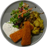 Gebackenes V-ischfilet (81) an Tatarensoße (15,22) dazu Bratkartoffeln und Salatgarnitur
