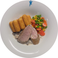 Schweinefilet auf Waldpilzrahm (19,24,81) dazu Kroketten (81) und feine Gemüsemischung