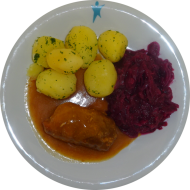 Gebratene Schweineroulade mit Jus (81) dazu Rotkraut und Petersilienkartoffeln 
