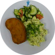 Gemüseschnitzel (81,85) dazu Kartoffelsalat mit Gurke, Radieschen und Kräutern (9,22)