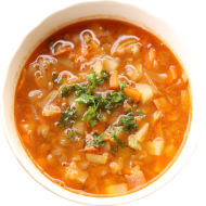 'Minestrone' italienische Gemüsesuppe mit Reisnudeln,buntem Gemüse und Kartoffeln (3,21,81) dazu Roggenmischbrot (81,82). Auch als kleine Portion erhältlich.