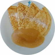 4 Eierkuchen mit Zucker (15,19,81) und Apfelmus (3). Auch als kleine Portion erhältlich.