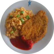 Schweineschnitzel 'Toscana' in würziger Kräuterpanade (15,51,81) dazu Kritharaki mit Kirschtomaten (15,19,49,81) und hausgemachtem Napoli-Dip (9,62,63)