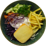 Dönerteller mit Grillkäse, Zwiebel, Tomate, Gurke, Kraut und Pommes (19,49) 