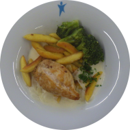 Ofenhähnchen in Zwiebel-Weißweinrahm (19,24,44,54,81) dazu Brokkoligemüse und Schupfnudeln (15,81)