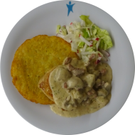 Tellerrösti Schweizer Art mit Schweinesteak und Rahmchampignons (19,51,81) dazu Salatgarnitur