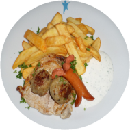 Grillteller mit kleinem Schweinesteak, Frikadellchen und Grillwürstchen (1,2,3,8,15,46,81) dazu Pommes frites rot/weiß (9,15,81) und Garnitur