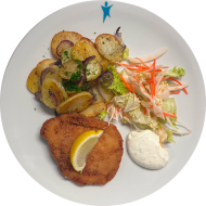 Schnitzelabend: Schweineschnitzel Cordon bleu mit Zitronenecke (2,3,19,81) oder gebratenes Putenschnitzel mit Zitronenecke (81) an Mayonnaise-Kräuter-Dip (22) dazu Bratkartoffeln und Salatgarnitur