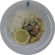 Kleine Portion: Zitronencurry mit frischer Zucchini und gebratenem Tofu (18) on Top Apfelslaw dazu Basmatireis