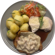 Schnitzelabend: Hausgemachtes Hähnchenschnitzel 'Picatta' in Hartkäse-Eihülle (15,19,81) oder Schweineschnitzel 'Allgäuer Art' mit Schinken und Käse gratiniert (1,2,3,8,15,19,46,81) an Bratenjus dazu Rosmarinkartoffeln und Salatgarnitur