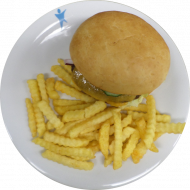 'Classic Cheeseburger' mit Rinderpatty,Eisbergsalat,Housedip, Zwiebeln, Gouda-Cheddar Mix und Tomaten dazu Pommes frites (1,2,9,15,22,23,81,83)