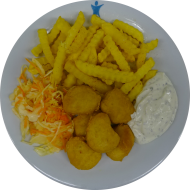 Chicken Nuggets (3,81) mit Majonnaise-Kräuter-Dip (15,19,81) dazu Pommes frites und Garnitur