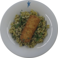 Wildlachsknusperfilet Honig-Senf (1,15,16,19,81) mit Weißwein-Dill-Soße (19,24,81) auf grünen Bandnudeln (81)