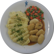 7 knusprige Nuggets (81) mit Bratensoße (81) dazu Mischgemüse und hausgemachtes Kartoffelpüree (19)