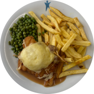 Hähnchenschnitzel 'au four' mit Würzfleisch und Käse überbacken (1,19,22,24,81) an Geflügelsoße (19,81) dazu Erbsengemüse und Pommes frites