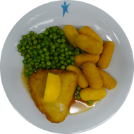 Hähnchenbrustfilet 'Formaggio' mit Frischkäse gefüllt und Zitronenecke (19,81) mit Geflügelsoße (81) dazu Erbsengemüse und Kroketten (81)