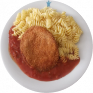 Panierte Jägerschnitte (2,3,8,15,19,22,81) mit Tomatensoße (81) dazu Spirelli (81) und Garnitur. Auch als kleine Portion erhältlich.