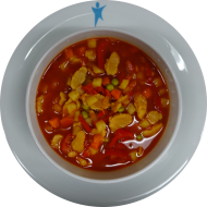 Pikanter Soja-Kesselgulasch mit Kartoffeln,Paprika und Gemüse ( 3,9,18,22) dazu Mischbrot (81,82)