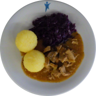 'Sächsisches Kümmelfleisch' vom Schwein mit Senf, Knoblauch und saurer Sahne (19,22,49, 81) dazu Rotkraut mit Speck und 2 grüne Klöße (2,3,24)