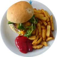 'Pumpkin-Burger' mit Rindfleischpatty, ColeSlaw, Feldsalat, Kürbis-Apfel-Konfitüre (3,9,15,19,22,24,48,52,81) dazu Rustico frites