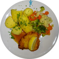 Hähnchenfilet 'Cordon bleu' mit Zitronenecke und Geflügelsoße (2,8,19,81) und Mischgemüse dazu Petersilienkartoffeln