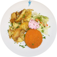 Backcamembert (19,81) mit Kräutermajonaise (15,19,22,81) dazu Kartoffelspalten und kleiner Weißkraut-Paprikasalat