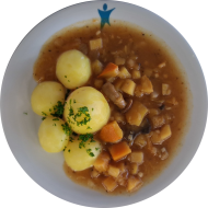 Kleine Portion: Kürbisgulasch mit Waldpilzen (49,81) dazu Petersilienkartoffeln