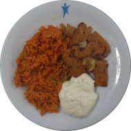 Hausgemachter Seitan Gyros (49,81) mit Zitronen-Pfeffer-Aioli (22,49) dazu Djuvecreis