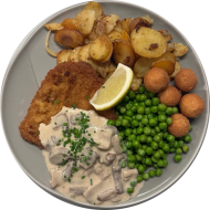 Schweineschnitzel (15,81) an Rahmchampignons (1,3,19,24,81) dazu Gemüse- und Sättigungsbeilagen zur Wahl