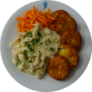 Züricher Schweinegeschnetzeltes mit Weißwein, Sahne, Champignons (1,3,19,21,24,81) dazu gebutterte Fingermöhrchen (19) und Röstitaler
