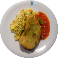 Gemüseschnitzel (81,85) mit Soja-Mangodip (3,18) dazu Bulgursalat mit frischen Kräutern (24,81)  Gemüseschnitzel (81,85) mit Soja-Mangodip (3,18) dazu Bulgursalat mit frischen Kräutern (24,81)