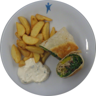 Burrito gefüllt mit gebratenem Rinderhack, Apfel-Gurken-Salsa, Rucola und Creme Fraiche (19,81) dazu würzige Curry-Chili-Fries