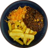 Fully Loaded Fries 'Virgin Island', geschmortes Rindhackfleisch mit Kidneybohnen, Mais und Spinat (3,21) auf Steakhouse Pommes 