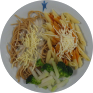 Pastabar (81) mit 'Sauce all arrabbiata' (81) oder Bärlauch-Pesto-Soße (15,19,81) dazu geriebener Gouda (19) oder Reiberei (1) und buntes Gemüse