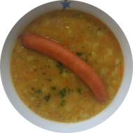 Erbseneintopf (3,21) dazu ein Debrecziner Würstchen (2,3,8) und Einsiedler Landbierbrot (81,82,83)