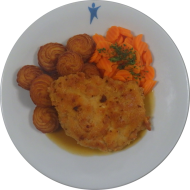 Hausgemachtes Schweineschnitzel 'Braumeister' mit Schinken-Käse-Füllung (2,3,8,15,19,81) an Bratenjus dazu Möhrengemüse und Herzoginkartoffeln (19) 