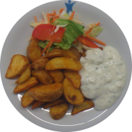 Wedgeskartoffeln mit Creme-fraiche-Dip (19) oder veganem Dip (3,18) und Garnitur