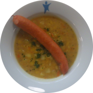 Kleine Portion: Erbseneintopf (3,21) dazu ein Debrecziner Würstchen (2,3,8,) und Einsiedler Landbierbrot (81,82,83)