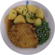 Schnitzel (51,81) mit Rahmsoße (19,52,81) dazu Petersilienkartoffeln und Buttererbsen