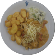 Hähnchengyros in Metaxasoße mit Zwiebel, Paprika und Knoblauch (19,49) dazu Currykartoffeln