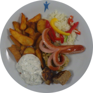 Grillteller mit marinierter Hähnchenbrust, Frikadelle und Geflügel-Grillwürstchen (2,3,8,15,21,22,81) an Kräuter-Quark-Dip (19) dazu Kartoffelspalten und kleiner Weißkraut-Paprikasalat