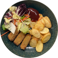 Grillabend: 3 Gemüsekroketten 'Gärtnerin Art' (21,81) an BBQ-Dip (9,21) dazu Kartoffel-Chips und Salatgarnitur