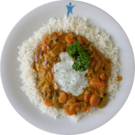 Brokkoli-Blumenkohl-Curry mit Lauch, Knoblauch und Kokosmilch (2,49) dazu Jasmin-Duftreis