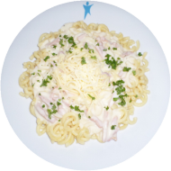 Spaghetti (81) mit 'Sauce Carbonara' (Schinken-Sahnesoße)(1,2,3,19,51)und Reibekäse (1,19)