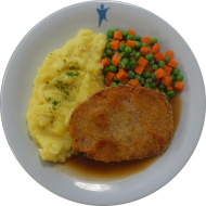 Hausgemachtes Riesenjägerschnitzel (2,3,8,15,21,22,81) an Bratenjus dazu Mischgemüse und hausgemachtes Kartoffelpüree (19) 