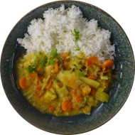 'Navrathan Khani' indisches Gemüsecurry mit Brokkoli, Möhren und Blumenkohl (2,3,18,81) dazu Basmatireis