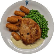 Hausgemachtes Schweineschnitzel 'Braumeister' mit Schinken-Käse-Füllung (2,3,8,15,19,81) an Kräuterhollandaise (8,15,19) dazu Erbsengemüse und Kroketten (81) 